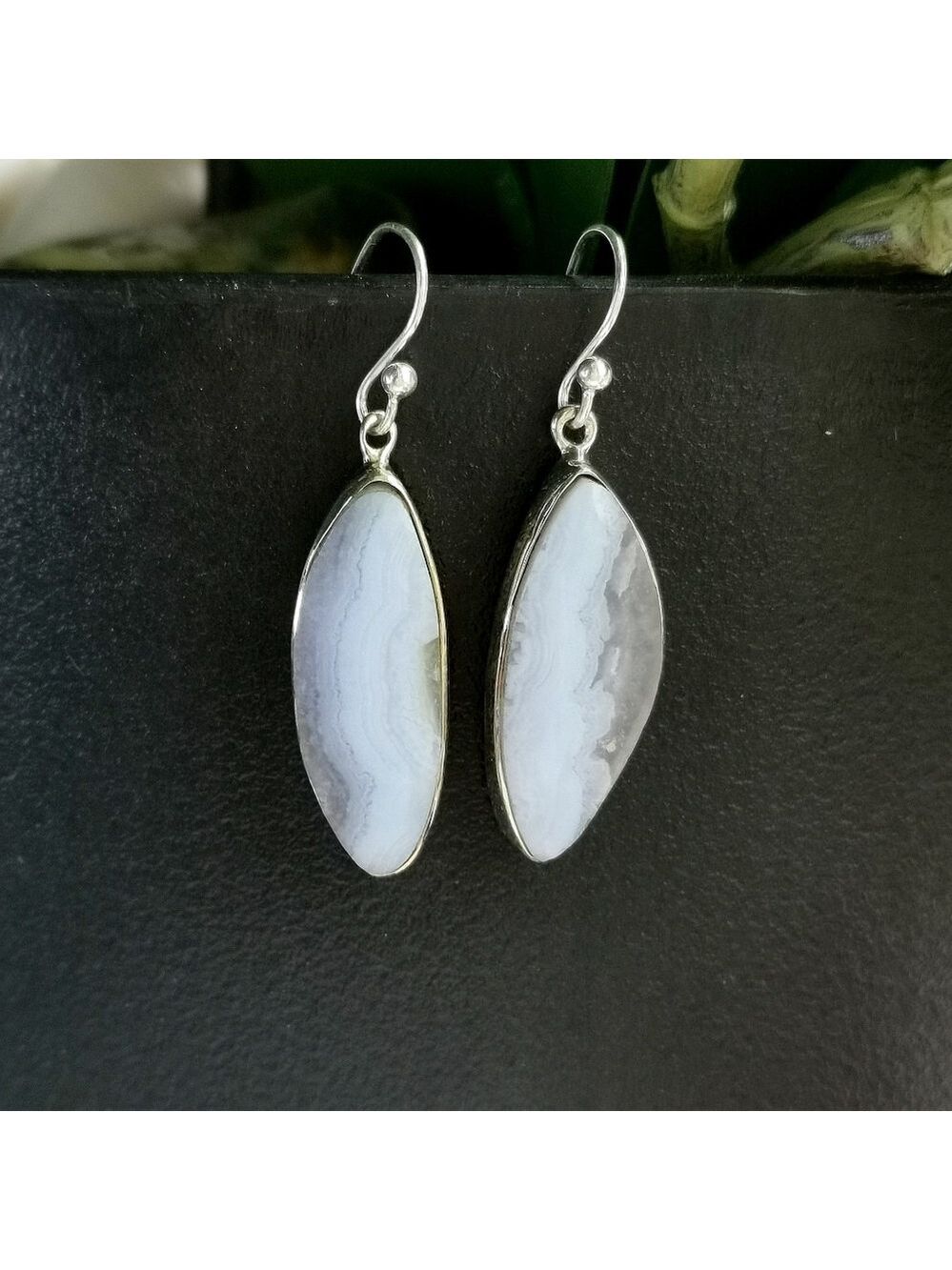 Blue Lace Agate Dangle Earrings Sterling Silver Handmade 🆕